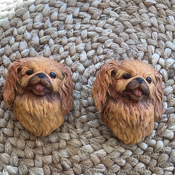 Chalkware Bossons Pekinese Dogs Head Hanging Plaque Vintage Mid-century 2 pc set - Picture 16 of 16